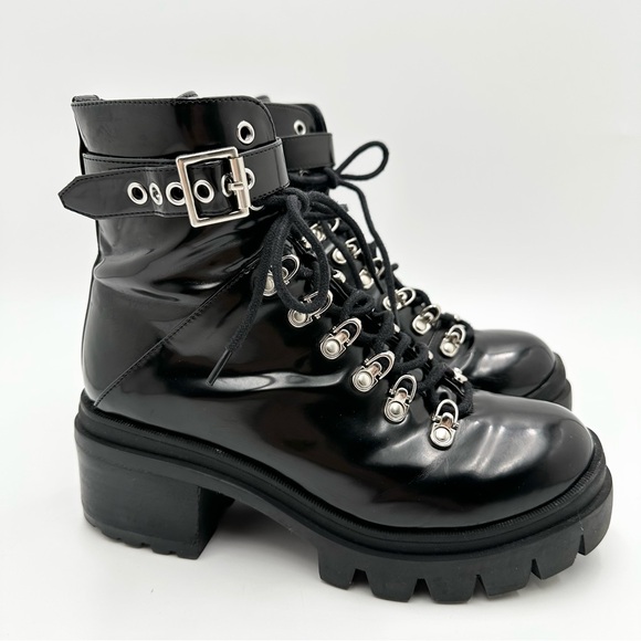 Jeffrey Campbell Czech Boots Black Moto Platform Chunky Lug Sole Combat - Picture 1 of 15